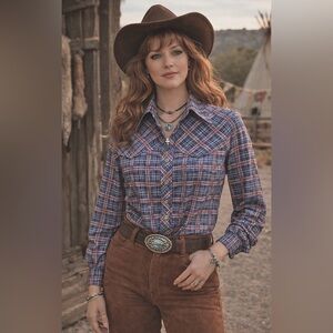 Vtg 1970's Western Flannel Shirt, Blue Plaid - deadstock with tags -cotton blend